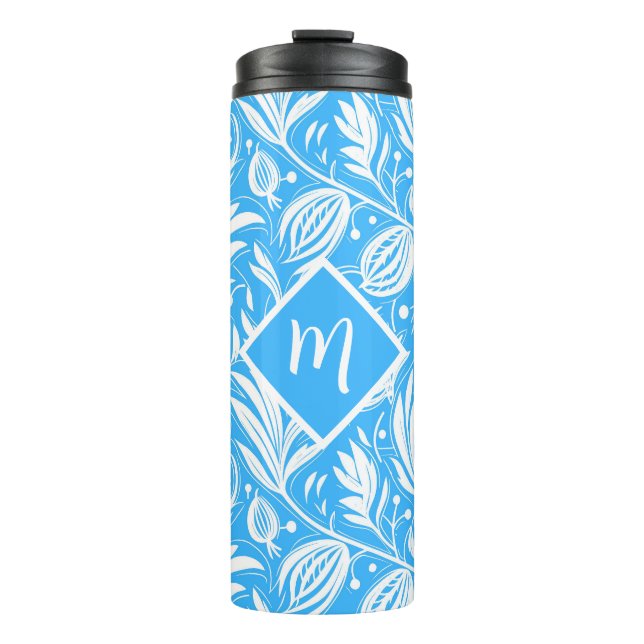 Tropical Blue Floral Pattern Diamond Monogram Thermosbecher (Vorderseite)