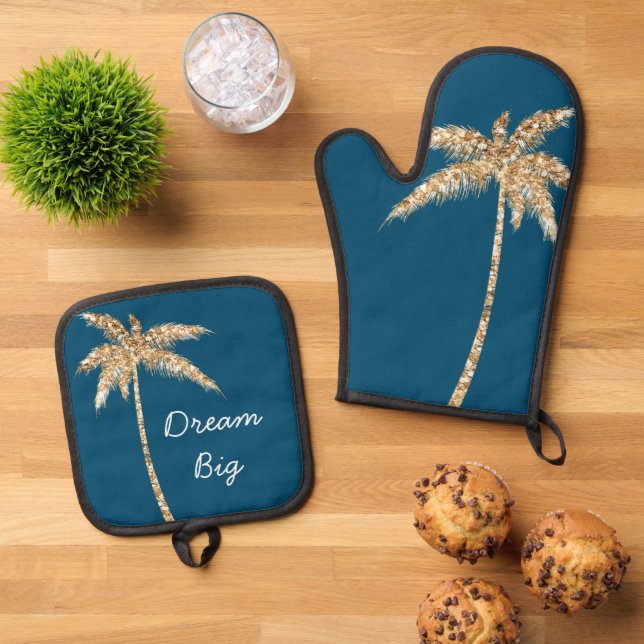 Tropical Blue Gold Glitzer Palm Tree Ofenhandschuh & Topflappen-Set (Oben Unten)