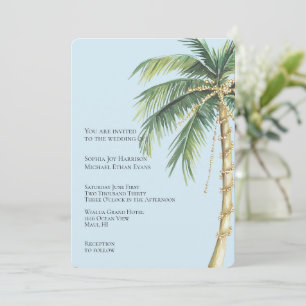 Tropical Blue Gold Glitzy Palm Tree Wedding Einladung