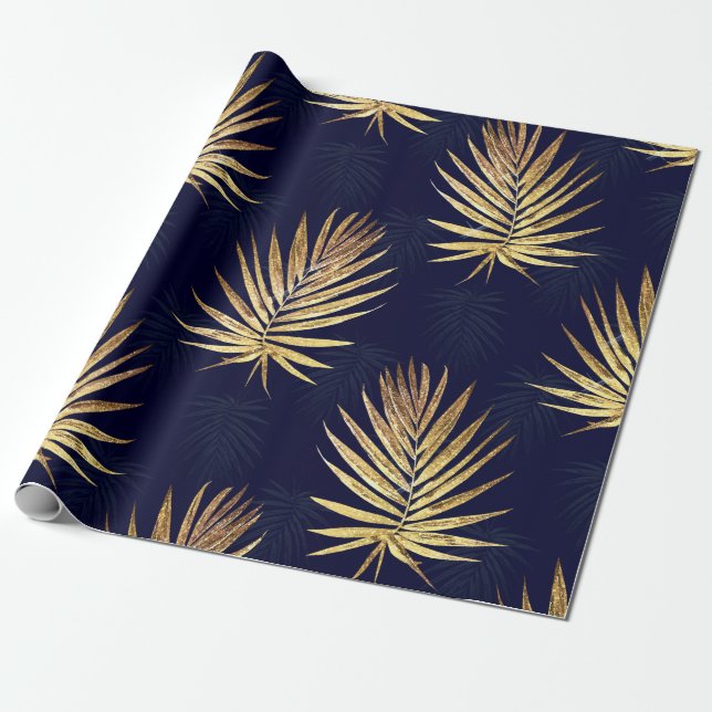 Tropical Blue Gold Palm Blätter Grüne Geschenkpapier (Ungerollt)
