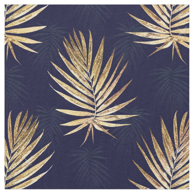Tropical Blue Gold Palm Blätter Grüne Stoff (Nahaufnahme)