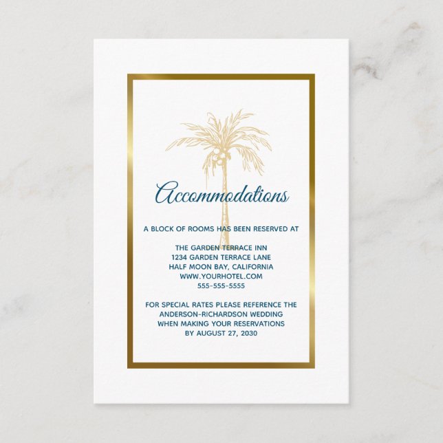 Tropical Blue Gold Palm Tree Hochzeitsunterkunft Begleitkarte (Vorderseite)