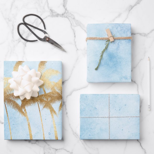 Tropical Blue Gold Palm Trees  Geschenkpapier Set (Vorderseite)