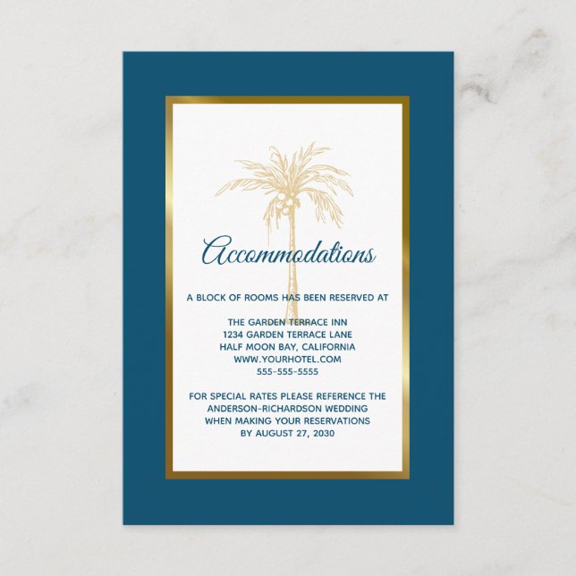 Tropical Blue Golden Palm Hochzeitsunterkunft Begleitkarte (Vorderseite)
