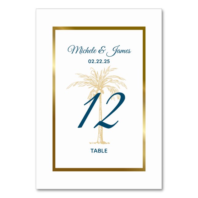 Tropical Blue Golden Palm Tree Beach Hochzeit Tischnummer (Vorderseite)