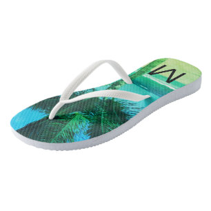 Tropical Blue/Green Beach & Palm Tree Initial Flip Flops