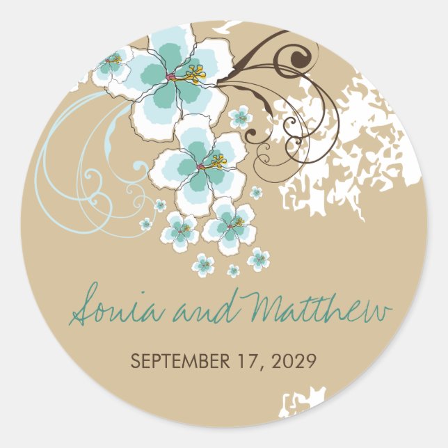 Tropical Blue Hibiskus Beach Wedding Favor Sticker (Vorderseite)