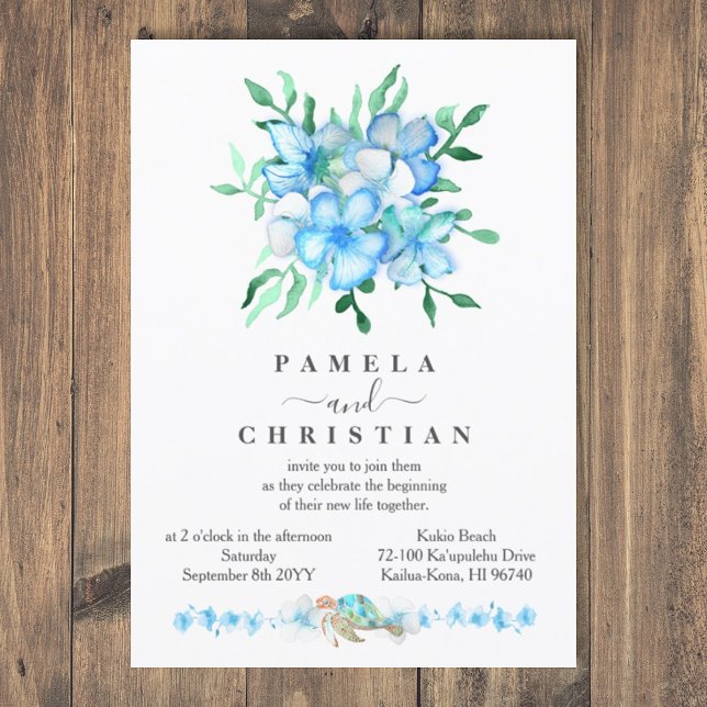 Tropical Blue Hibiskus Blume Hochzeit Einladung (tropical blue wedding invitation with watercolor sea turtle, malibu blue, bahama blue tropical plant)