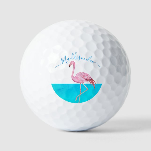 Tropical Blue Monogram Name Black Pink Flamingo Golfball (Vorderseite)