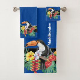 Tropical Blue Monogram Name Toucan Badezimmer Badhandtuch Set