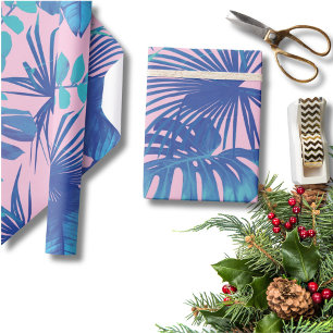 Tropical Blue Monstera & Palm Blätter Pink Geschenkpapier
