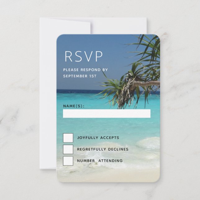Tropical Blue Ocean Beach Scene Foto Hochzeit RSVP Karte (Vorderseite)