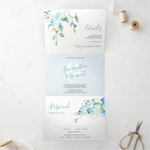 Tropical Blue Orchid Trifold Wedding Einladung