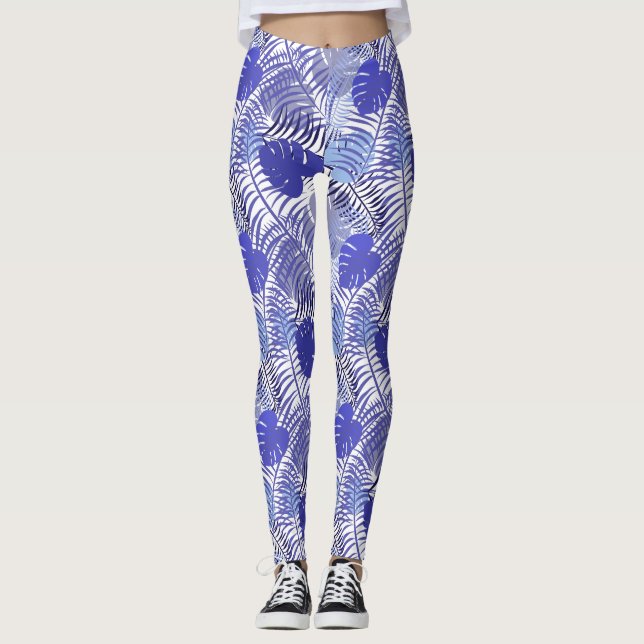 Tropical Blue Palm Leaf Leggings (Vorderseite)