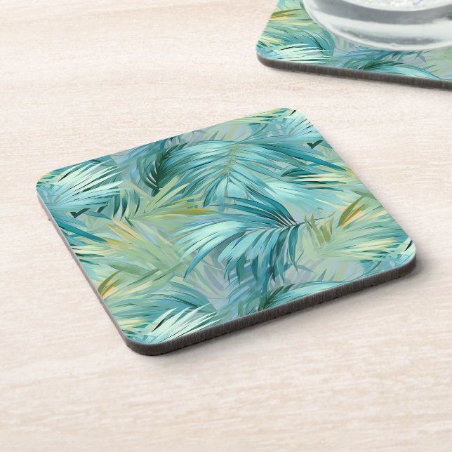 Tropical Blue Palm Leaf Wasserfarbe Gemustert Getränkeuntersetzer (Linke Seite)
