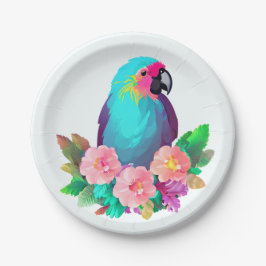 Tropical Blue Parrot mit tropischen Blume Pappteller