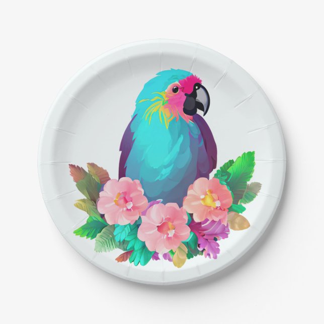 Tropical Blue Parrot mit tropischen Blume Pappteller (Vorderseite)