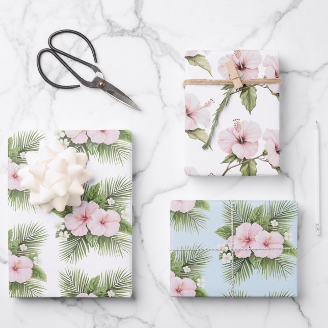 Tropical Blue Pink Hibiskus Floral Wedding Geschenkpapier Set (Vorderseite)