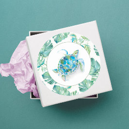 Tropical Blue Sea Turtle Watercolor Grüne Runder Aufkleber