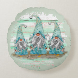 Tropical Blue Watercolor Beach Gnomes Rundes Kissen