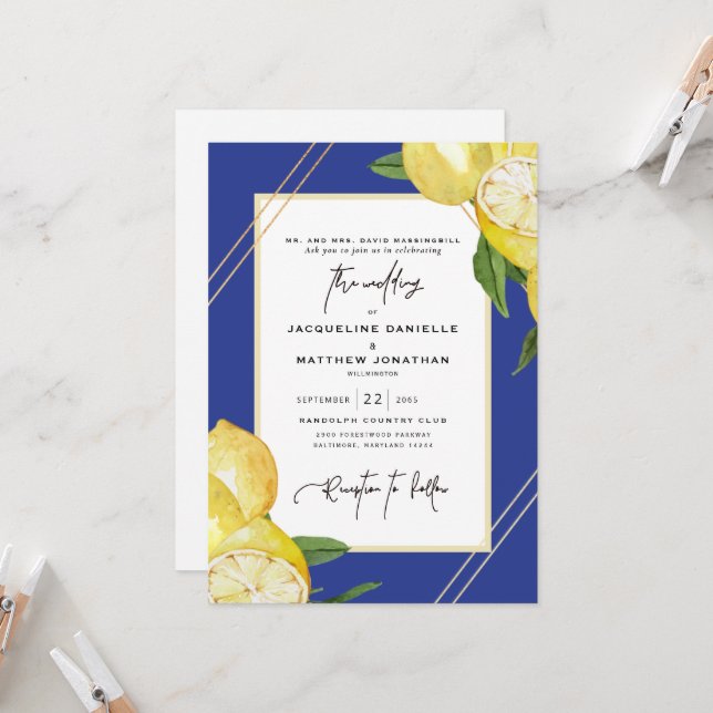 Tropical Blue & Watercolor Lemon Wedding Einladung (Vorderseite/Rückseite Beispiel)