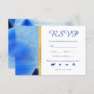 Tropical Blue Watercolor Orchids Gold Line Hochzei RSVP Karte