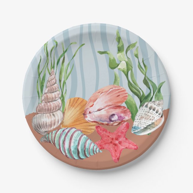 Tropical Blue Watercolor Seashell Beach Wedding Pappteller (Vorderseite)