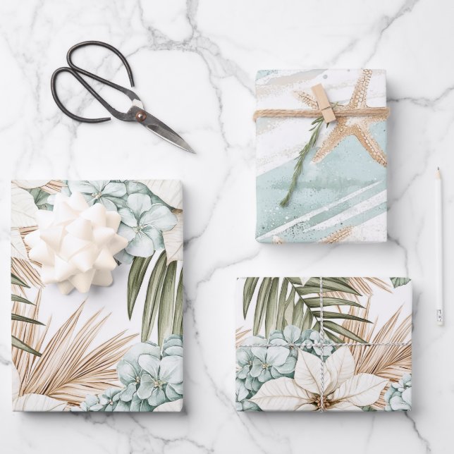 Tropical Blue White Blume Hochzeit Geschenkpapier Set (Vorderseite)