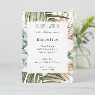 Tropical Blue White Flowers Birthday   Einladung