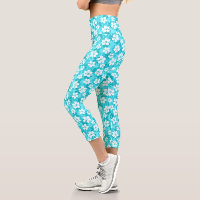 Tropical Blue White Hibiskus Blume Muster Capri Leggings (Links)