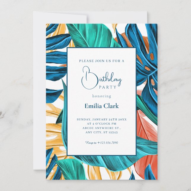 Tropical Blue yelllow leaves birthday Einladung (Vorderseite)
