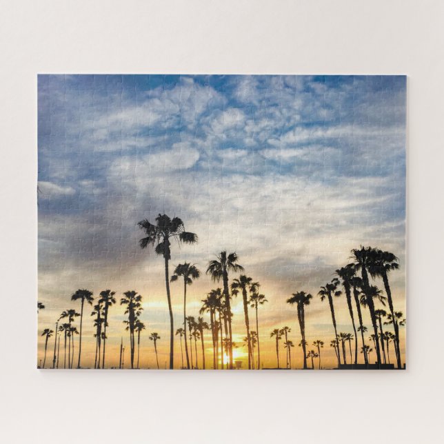 Tropical Blue Yellow Cloudy Palm Trees Sunset Sky Puzzle (Horizontal)