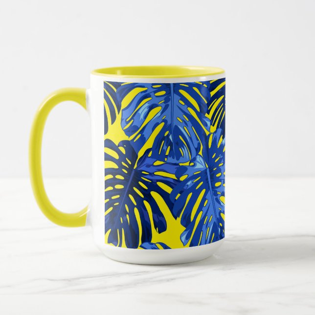 Tropical Blue Yellow Jungle Blätter farbenfroh Tasse (Links)