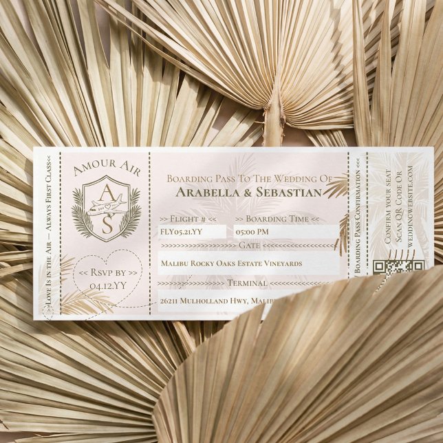 Tropical Boarding Plane Ticket Destination Wedding Einladung (Tropical Boarding Plane Ticket Destination Wedding Invitation (Front))