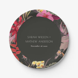 Tropical Boho Dark Lively Red Blush Floral Wedding Pappteller