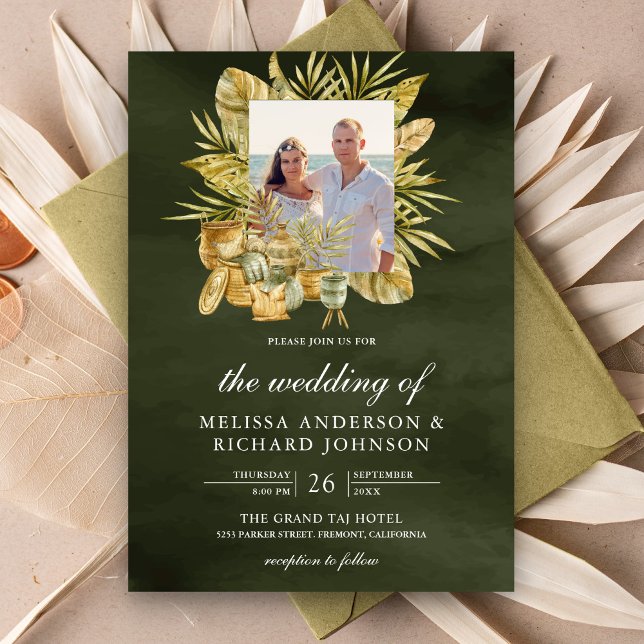 Tropical Boho Dried Palm Sage Green Foto Hochzeit Einladung (Von Creator hochgeladen)