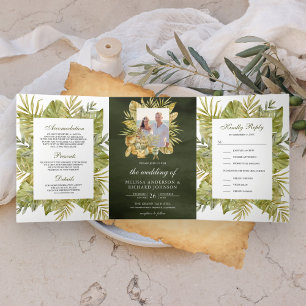 Tropical Boho Driving Palm Olive Green Foto Hochze Dreifach Gefaltete Einladung