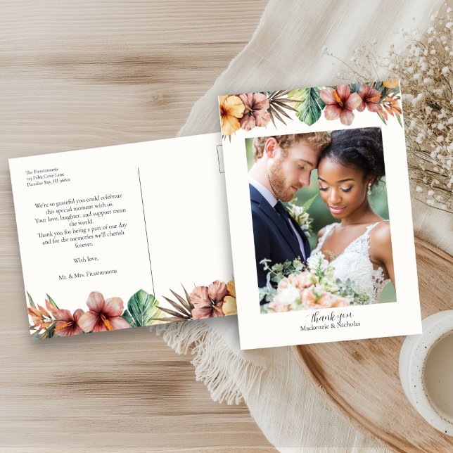 Tropical Boho Floral Wedding Danke Postcard Postkarte (tropical wedding thank you postcard)