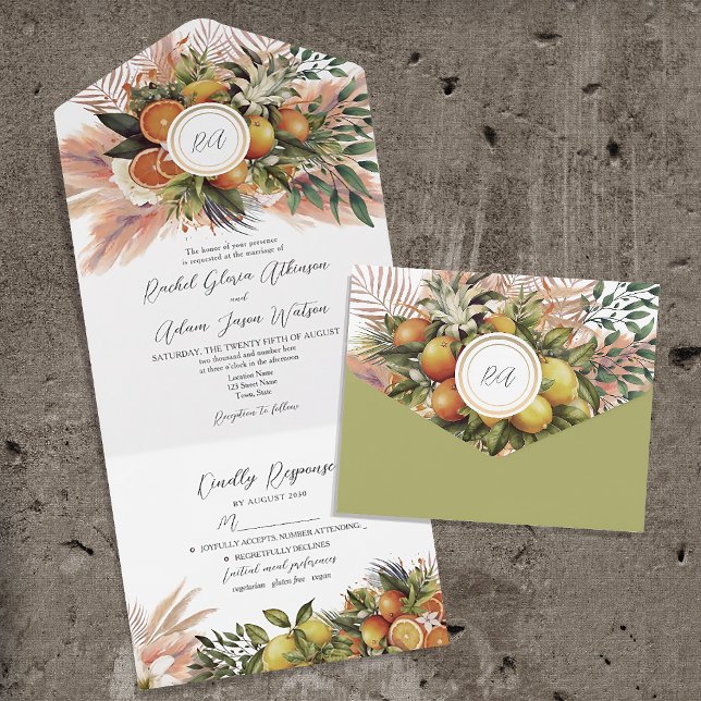 Tropical Boho Lemon Orange Wedding All In One Einladung (Von Creator hochgeladen)
