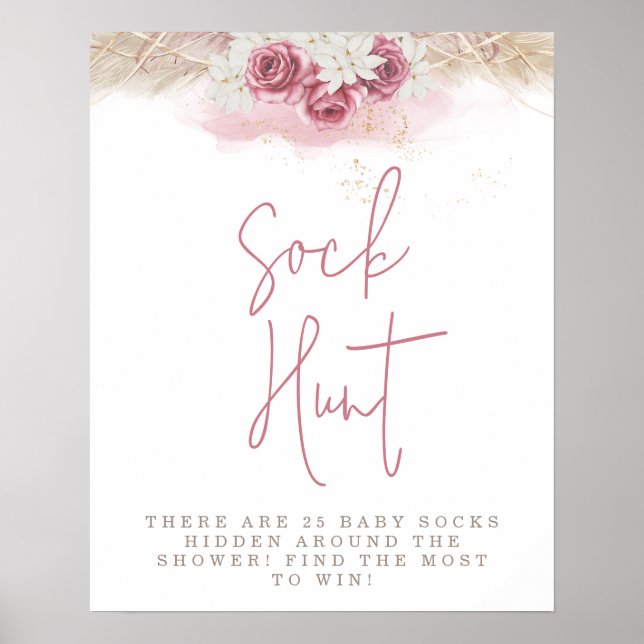 Tropical Boho Pink Roses Baby Shock Sock Hunt Poster (Vorne)