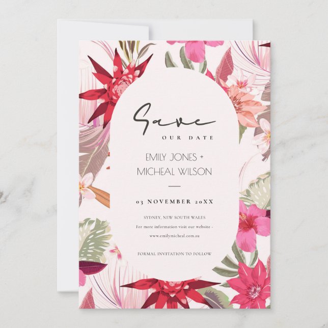 Tropical Boho Red Blush Flora Save the Date einlad Dankeskarte (Vorderseite)