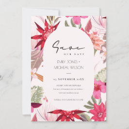 Tropical Boho Red Blush Flora Save the Date einlad Dankeskarte