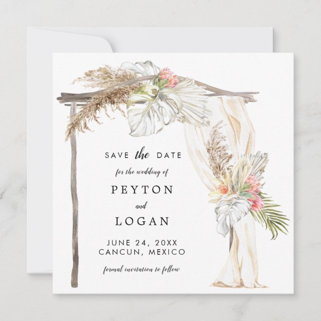 Tropical Boho Wedding Arch Save the Date Ankündigung (Vorderseite)