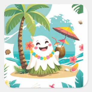 Tropical Boo - Kawaii Hawaiian Ghost Vacation Quadratischer Aufkleber