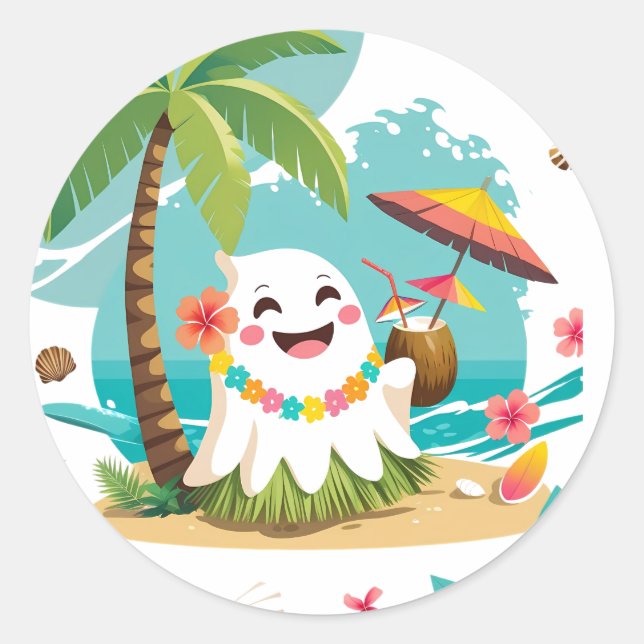 Tropical Boo - Kawaii Hawaiian Ghost Vacation Runder Aufkleber (Vorderseite)