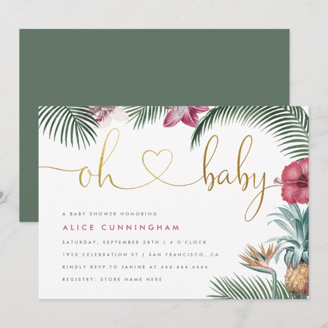 Tropical Botanical Oh Baby Gold Script Baby Dusche Einladung (Vorne/Hinten)