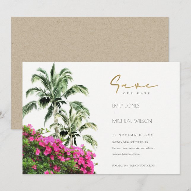 Tropical Bougainville Palm Save the Date einladen Dankeskarte (Vorne/Hinten)