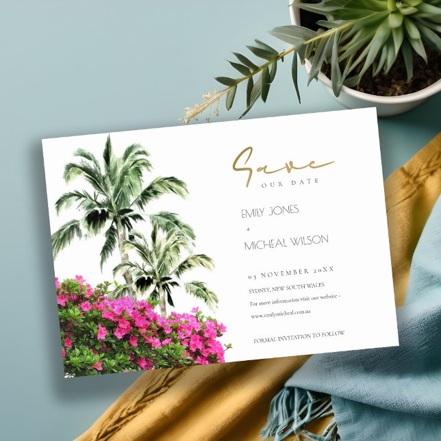 Tropical Bougainville Palm Tree Pink Green Save The Date (Von Creator hochgeladen)