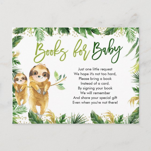 Tropical Boy Sloth Baby Showbücher für Baby Einladungspostkarte (Vorderseite)