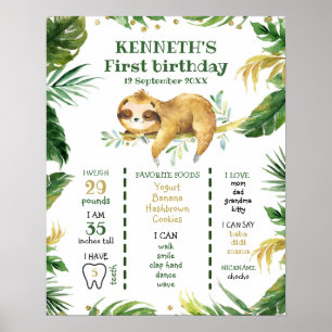 Tropical Boy Sloth erstes Geburtstagszeichen Poster